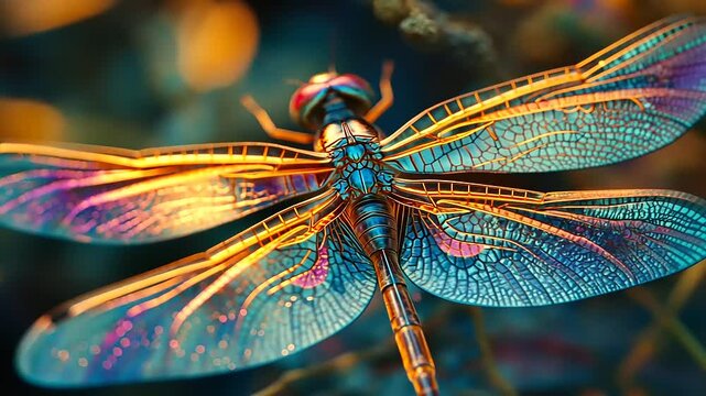 A close-up of a dragonfly showcasing its intricate wings and vibrant colors.