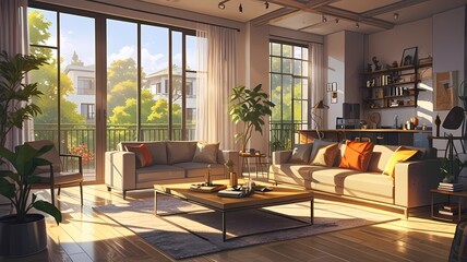 Fototapeta premium Anime Afternoon sunlight in modern living room