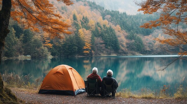 Elderly couple relaxes by a peaceful lake while camping amidst vibrant autumn foliage