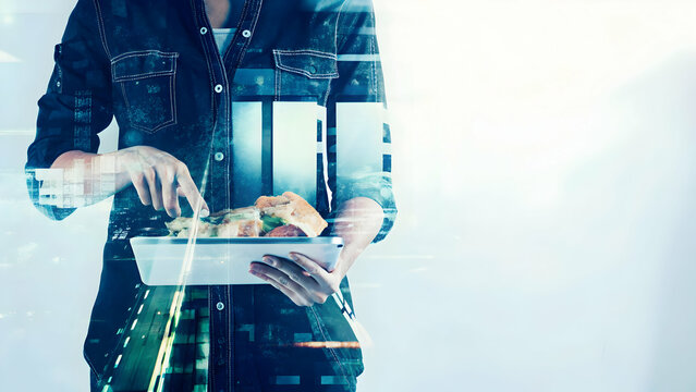 3D Flat Icon of Person with Modern Kitchen Tablet & Gourmet Meal: Tech-Driven Culinary Lifestyle