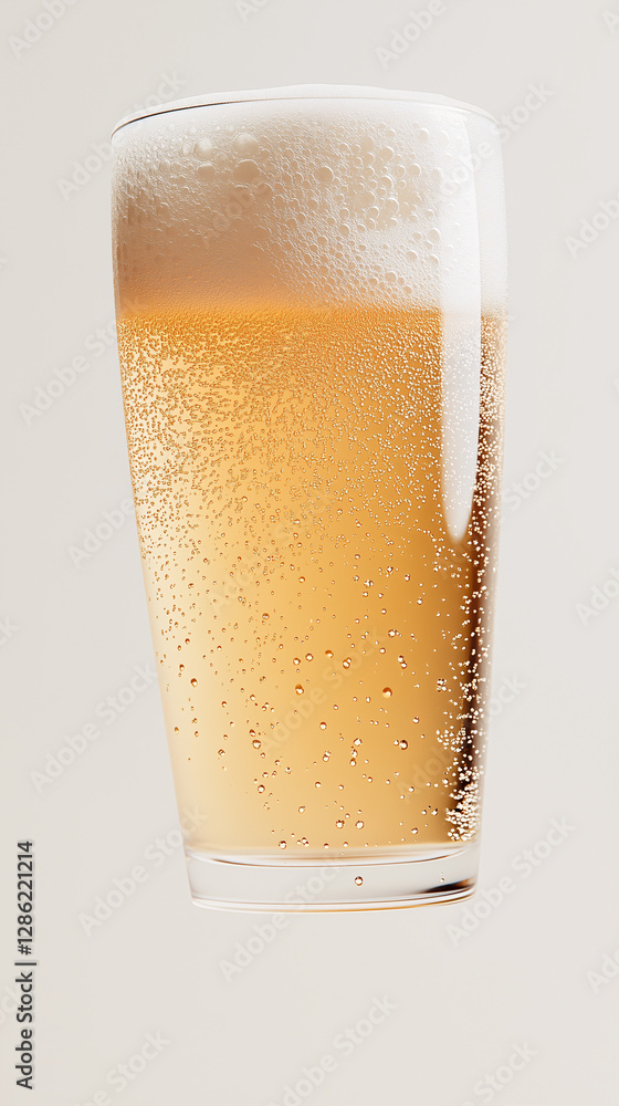 Poster golden refreshment: a close-up of a chilled glass of golden beer with a frothy head, captured in a s