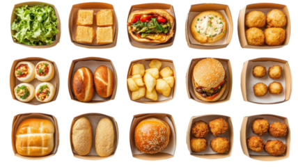 Variety of delicious fast food options showcased in individual serving boxes at a casual dining location