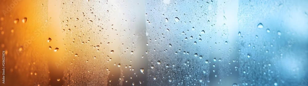 Aufkleber Close up view of a wet rain streaked window with droplets of water creating intricate patterns and designs with warm sunlight peeking through creating a calming atmospheric backdrop