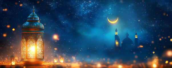 Ramadan Kareem Night Scene - Islamic Lanterns, Crescent Moon & Mosque Under Starry Sky, Ramadan and Eid greetings, Islamic festival promotions, cultural content, religious blogs, and spiritual designs