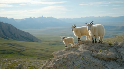 mountain goat family standing together on rocky outcrop, showcasing their natural habitat with stunning mountain scenery in background