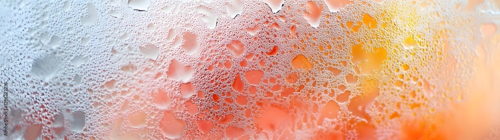 Poster Closeup macro shot of frozen water droplets and condensation forming intricate patterns on a transparent glass surface with a blurred background
