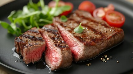 Closeup of a juicy perfectly cooked grilled steak served on a plate with a fresh green salad and ripe tomatoes  The steak is seasoned with herbs and spices
