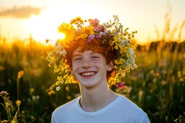 Happy summertime holidays conceptual art. Golden hour in sunset. Happy caucasian teenager boy with red hair wearing multi-colored flower crown on his head. Summer adventure with flowers.