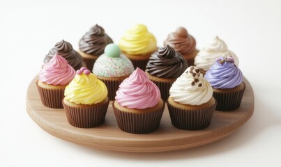 Colorful cupcakes on wooden tray, white background, for bakery promotion