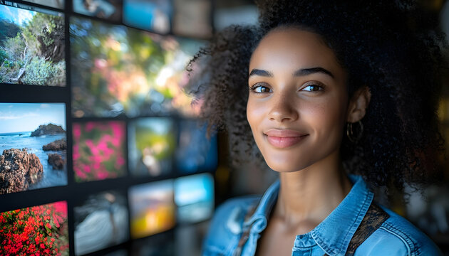 Woman smiling, surrounded by diverse images, in a creative space, potential for use in articles about creativity, inspiration, and design