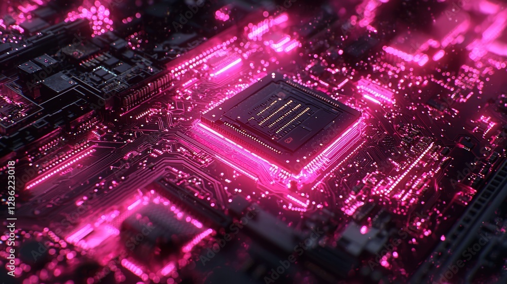Poster a computer processor showcasing multiple pink lights reflecting on its sleek surface