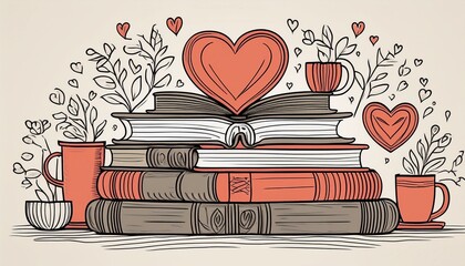 doodle outline valentine books cozy bookish illustration