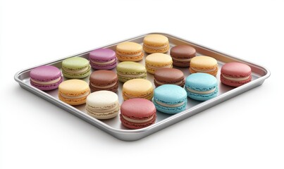 Colorful macarons arranged on a metal baking sheet against a white backdrop