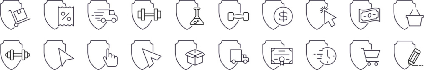 Money, Lab Flaks, Shopping etc by Shield Thin Icons Collection. Editable Stroke. Perfect for Web Sites, Books, Cards, Apps