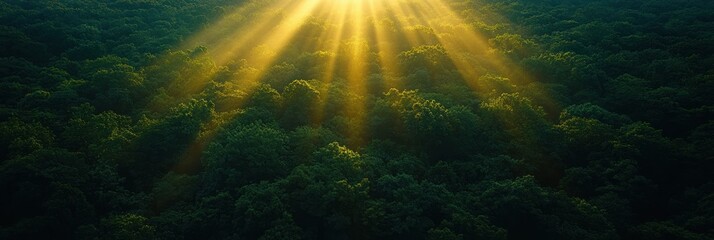 Sunbeams illuminating lush green forest canopy from above.