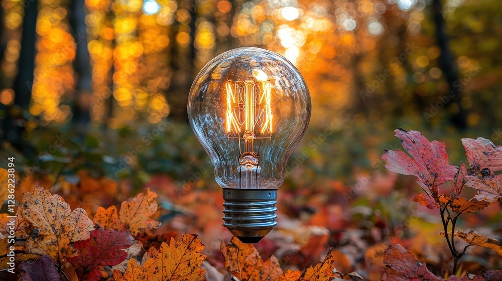 Poster a unique light bulb resting atop a cascade of colorful leaves in an autumnal setting
