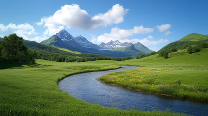 Fototapeta premium serene outdoor scene featuring winding river surrounded by lush green fields and majestic mountains under clear blue sky. landscape evokes sense of tranquility and natural beauty