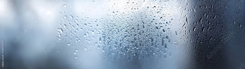 Poster closeup of rain drenched window glass with delicate water droplets creating a blurred misty backgrou