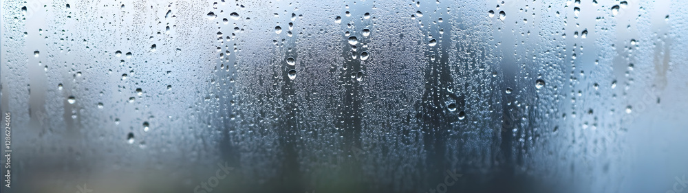 Aufkleber Closeup of raindrops on a glass window creating a blurred abstract background with a moody atmospheric feel  The water droplets distort and refract the view
