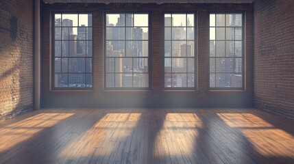 Fototapeta premium Large windows frame cityscape view in exposed brick loft