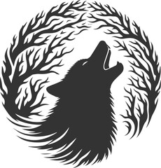 A wolf howling with its silhouette merging into tree branches animal vector