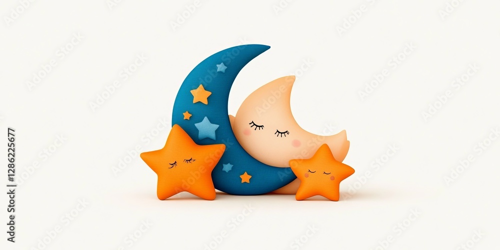 Aufkleber minimalist 3d rendering of a crescent moon and two stars with a peaceful sleeping face against a sof