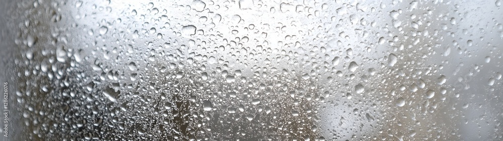 Poster Closeup view of a rainy window glass with water droplets creating refraction and reflection effects resulting in a blurred abstract and atmospheric background