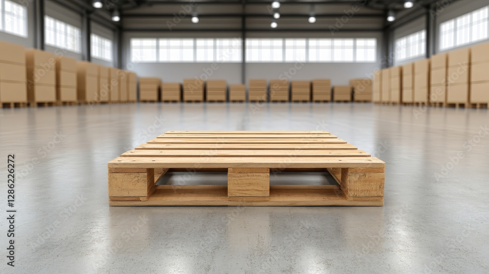 Aufkleber rustic wooden pallet rests on smooth concrete in spacious warehouse, surrounded by stacked boxes. in