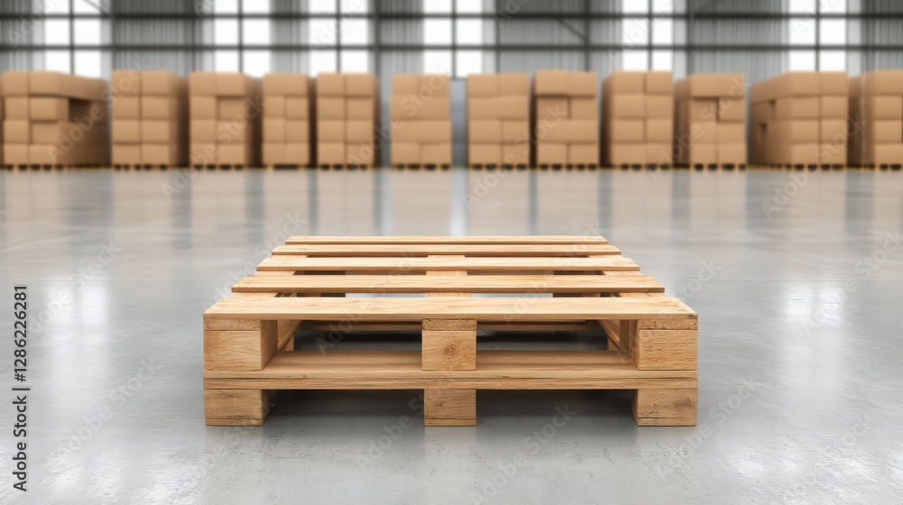 Aufkleber rustic wooden pallet rests on smooth concrete in spacious warehouse filled with stacked cardboard bo