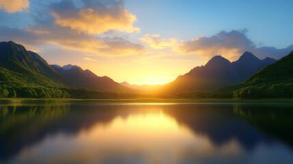 Fototapeta premium scenic vista showcasing expansive mountain range at sunset, reflecting beautifully on calm lake. vibrant colors of sky create serene atmosphere
