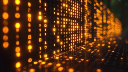 Naklejka premium Closeup view of a computer screen displaying numerous bright yellow lights in detail