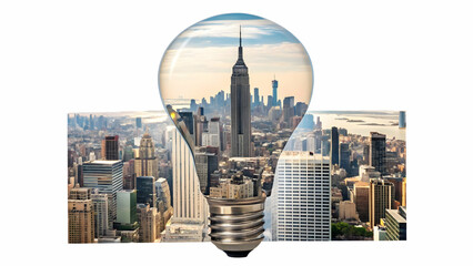 3D Flat Icon: Top View Cityscape with Light Bulb Overlay - Symbolizing Urban Innovation and Bright Ideas with Copy Space on Isolated White Background