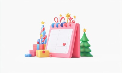 Fototapeta premium Festive calendar with holiday decorations and gifts on white