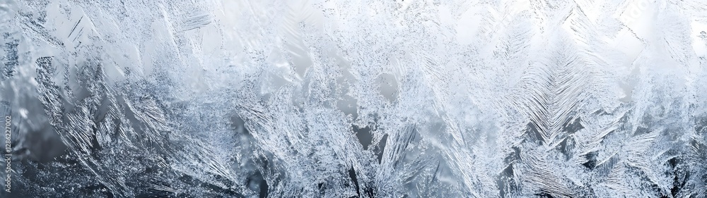 Poster closeup view of delicate intricate frost patterns and crystal formations on a transparent glass surf