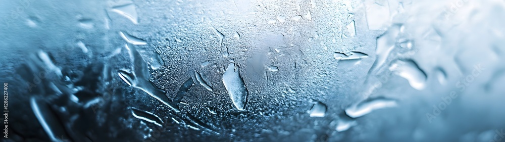 Poster closeup view of intricate icy crystals and frost patterns formed on a glass surface during the winte