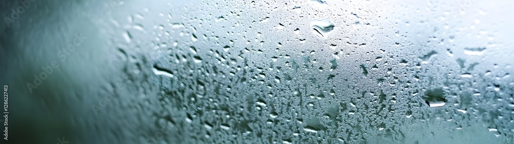 Fototapete Closeup view of rain droplets on a window glass creating a blurred abstract and atmospheric background  The rainy wet and cool environment evokes a sense of tranquility serenity and contemplation