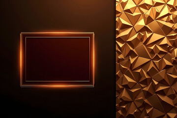A sleek, modern digital graphic design with a rich, opulent color palette, featuring a mahogany rectangular frame, amber and gold geometric patterns, and a velvet-like background.