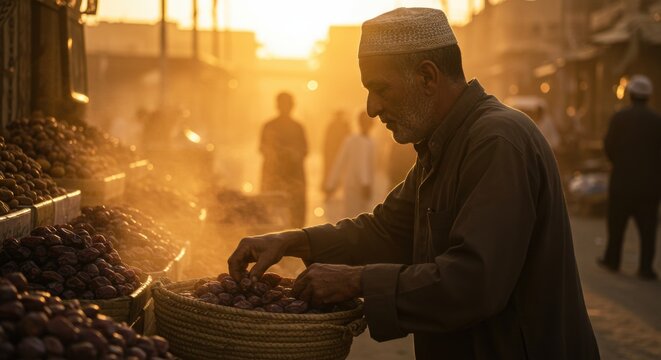 Elderly man selecting fresh fruits at a bustling market during sunset, with warm golden light illuminating the scene
