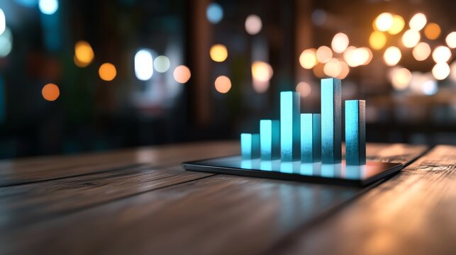 Night cafe, tablet shows rising graph, wood table