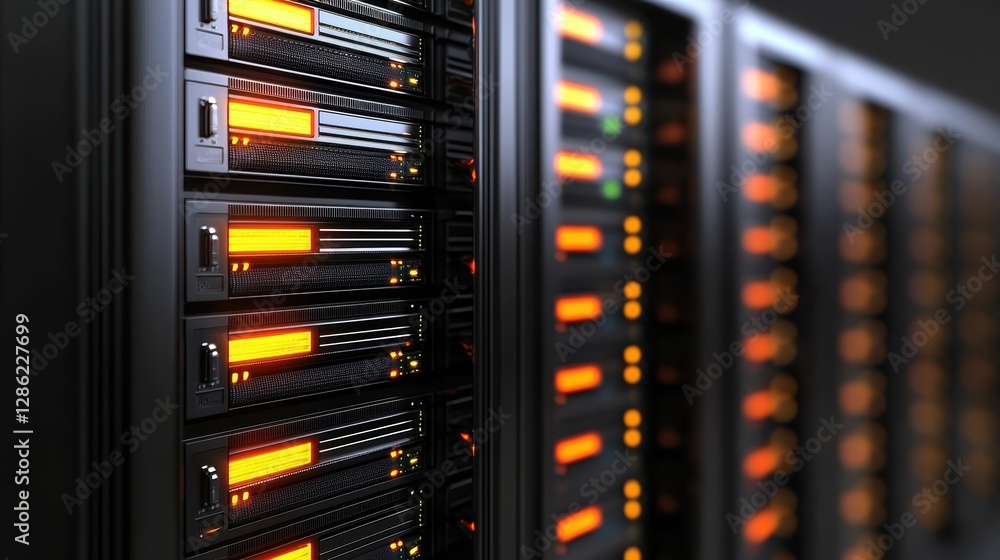 Poster illuminated servers, exploring the technology powering modern data centers with glowing orange light