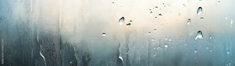 Poster Closeup view of water droplets and reflections on a transparent glass window during a rainy gloomy weather  The image showcases the natural patterns and textures created by the rain