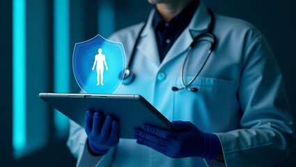 healthcare and medical care technology patient nurse doctor Medicine doctor touching electronic medical record on tablet DNA futuristic concept background
