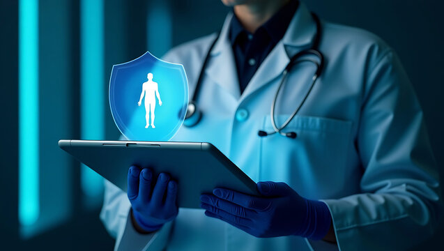 healthcare and medical care technology patient nurse doctor Medicine doctor touching electronic medical record on tablet DNA futuristic concept background
