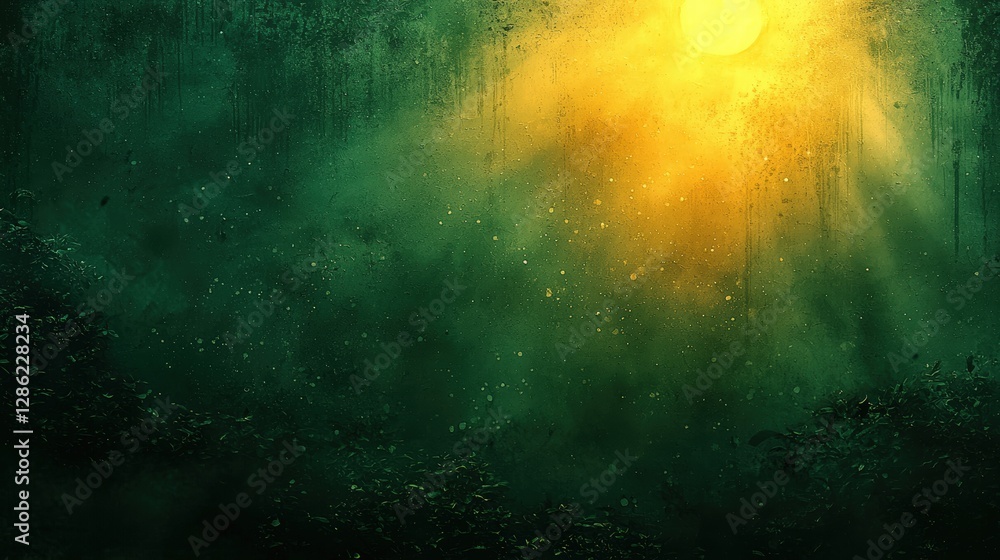 Poster mysterious yellow light penetrating dense dark forest creating enigmatic atmosphere