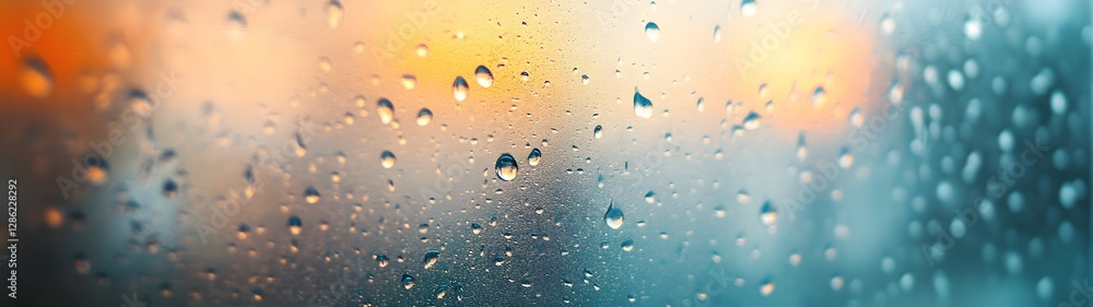 Poster Closeup view of water droplets on a glass window creating a blurry abstract background with blurred lights and colors from the rainy stormy weather outside