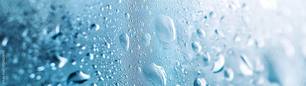Poster Closeup view of wet window glass covered in condensation and raindrops reflecting a blurred out of focus natural landscape in the background  The image has a serene calming and atmospheric feel