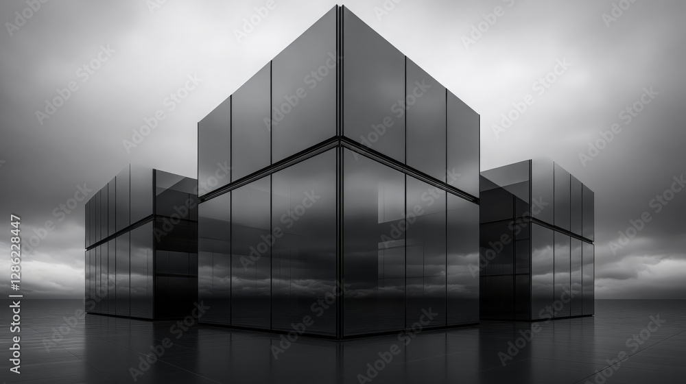 Aufkleber striking multiple exposure image featuring modern black glass cubes against dramatic cloudy sky, cre
