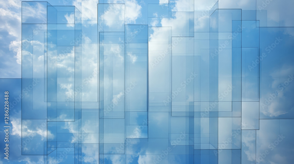Poster captivating abstract image featuring layered transparent rectangles against backdrop of blue sky and
