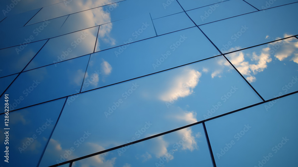 Poster reflective glass panels showcase beautiful sky with clouds, creating striking visual effect. interpl