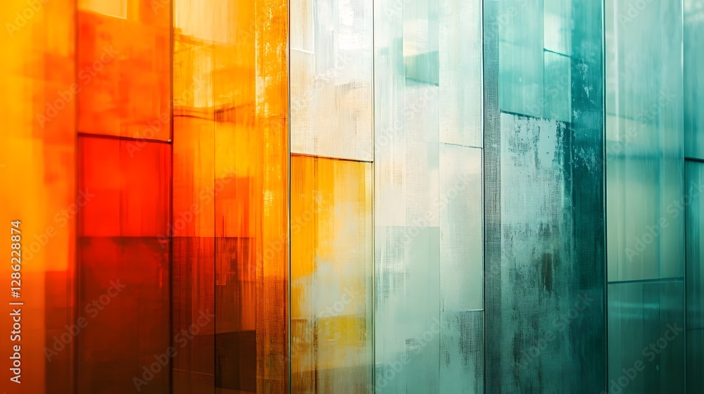 Poster Colorful Geometric Abstract Artwork with Layered Glass Panels and Vibrant Gradient Patterns  Minimalist Modern Design Composition with Transparent Overlapping Shapes Lines